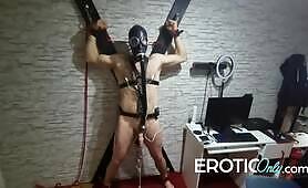 Gas Mask Slave Self-Torture – Nipple Pins, Cock Weights, Crucifix Bound