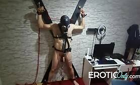 BDSM Self: Penis Weights Gas Mask, Nipple Clamps Cuffs & Pole Await!